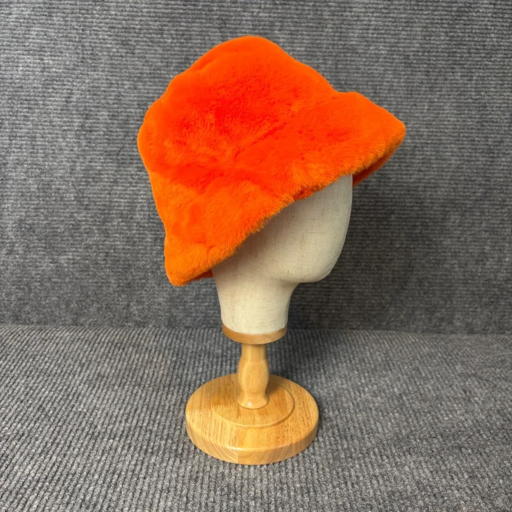 Orange Faux Fur Bucket Hat Plush Fuzzy Soft Winter Festival Statement One Size